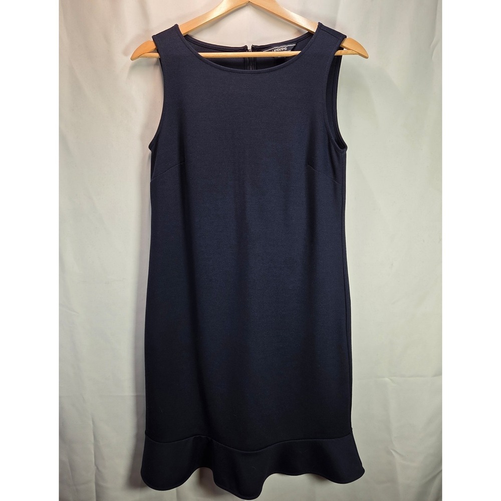 Lands End Sheath Ruffle Hem Navy Dress Sleeveless Size 4 Knit